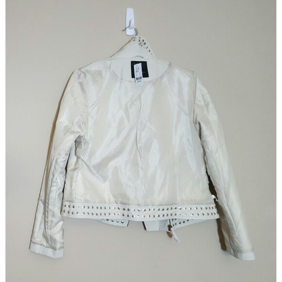 NWT NYC Washable Faux Leather Graphic Moto Jacket Drive Guitar Ivory Studded Med - Picture 5 of 9